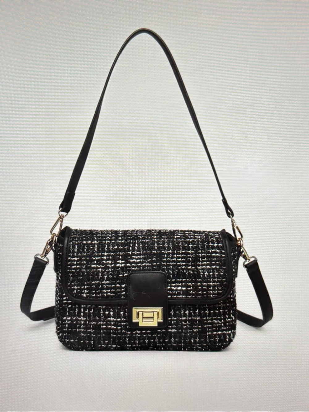 Black Tweed Crossbody Bag with Gold-Tone Clasp